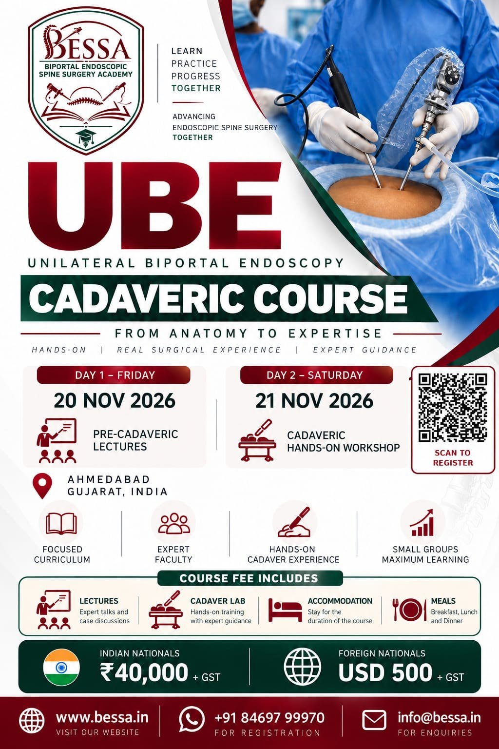 UBE Cadaveric Course 2026 poster — 20–21 November 2026, Ahmedabad