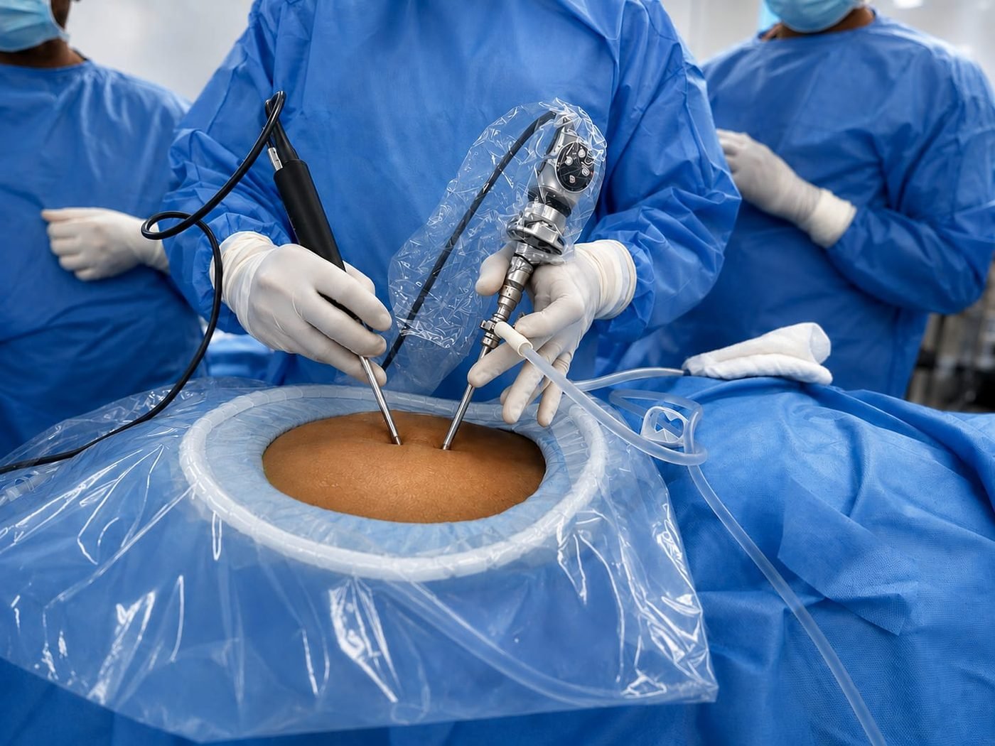 Surgeon performing Unilateral Biportal Endoscopy (UBE) spine surgery